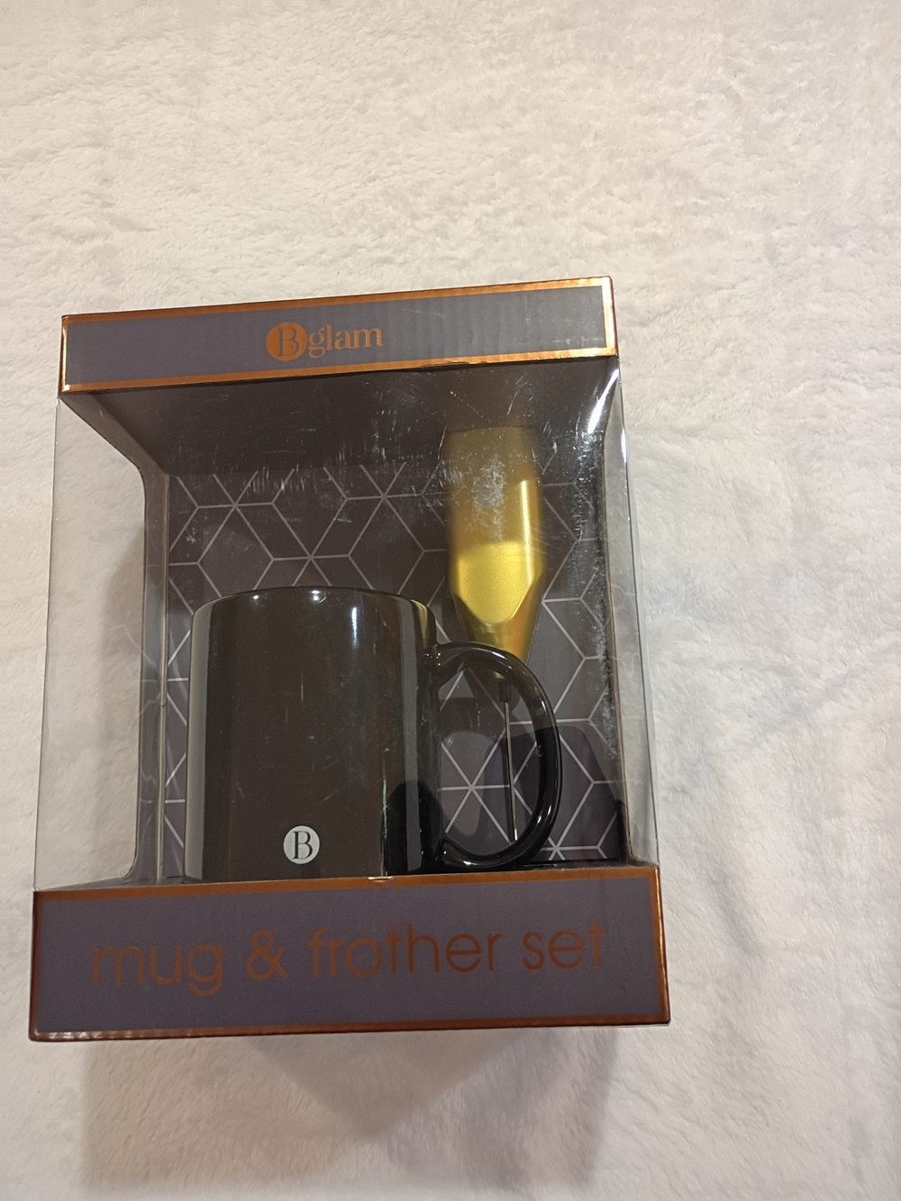 glam Black Mug with Gold Handheld Frother